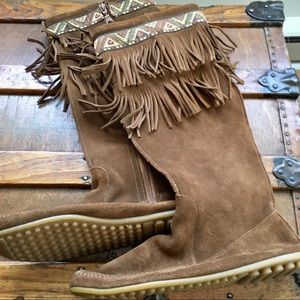 Minnetonka under the knee double fringe boots.